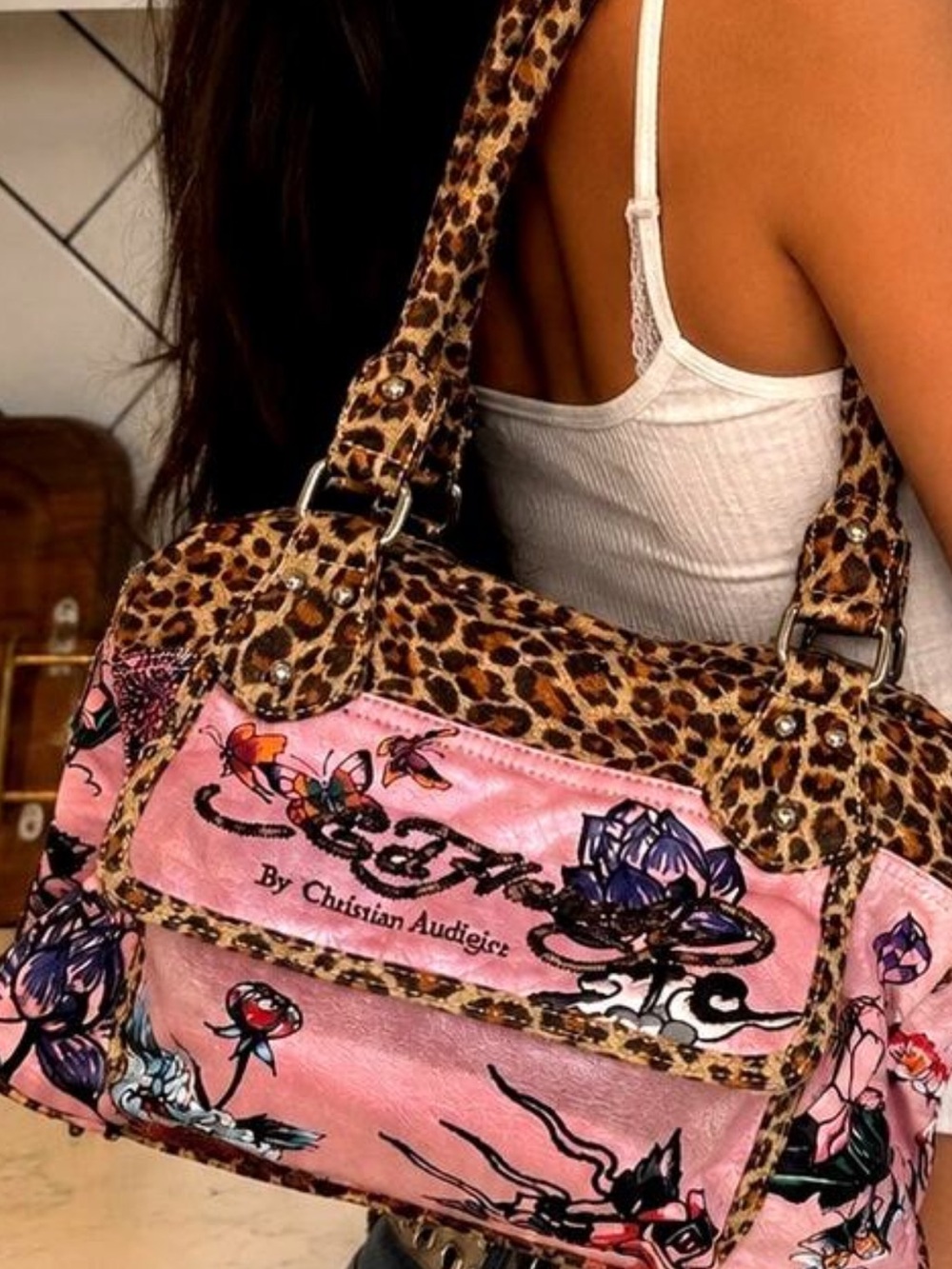 Ed Hardy by Christian Audigier Pink Floral Shoulder Bag with Leopard Trim